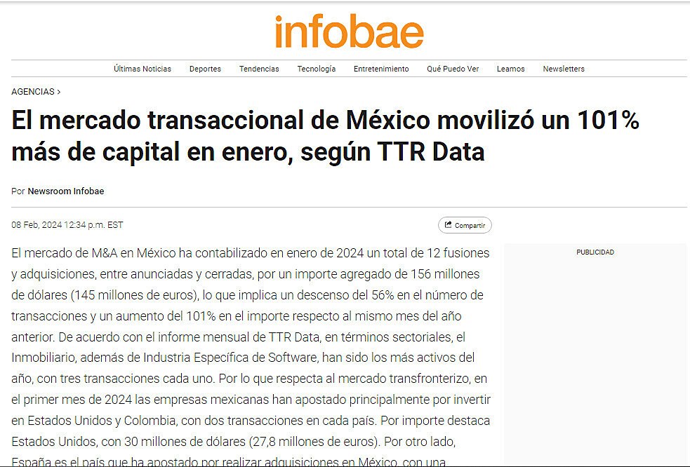 El mercado transaccional de Mxico moviliz un 101% ms de capital en enero, segn TTR Data